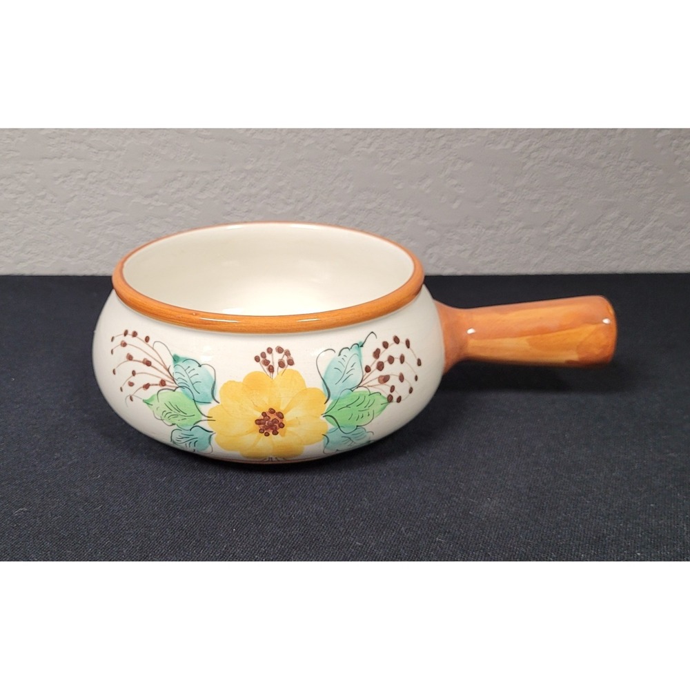 Vintage FTD Ceramic Handled Soup Bowl Crock Hand Painted Portugal Floral 1979
